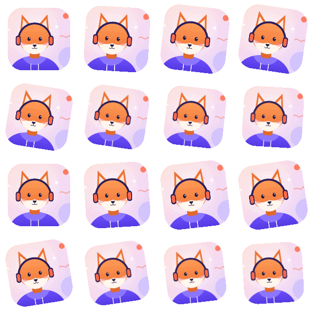 Sprite sheet: the 16 fox frames in a 4 by 4 grid