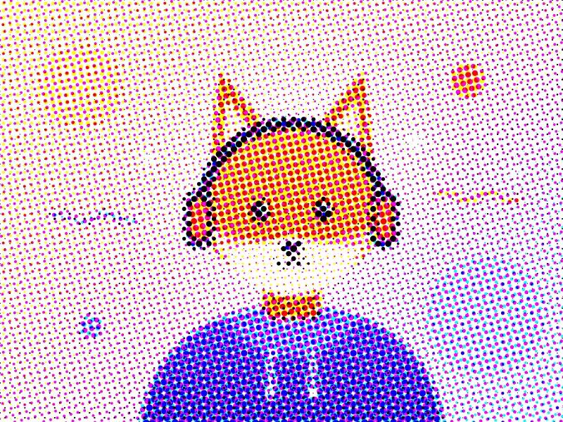 The same image as a CMYK halftone made of cyan, magenta, yellow and black dots